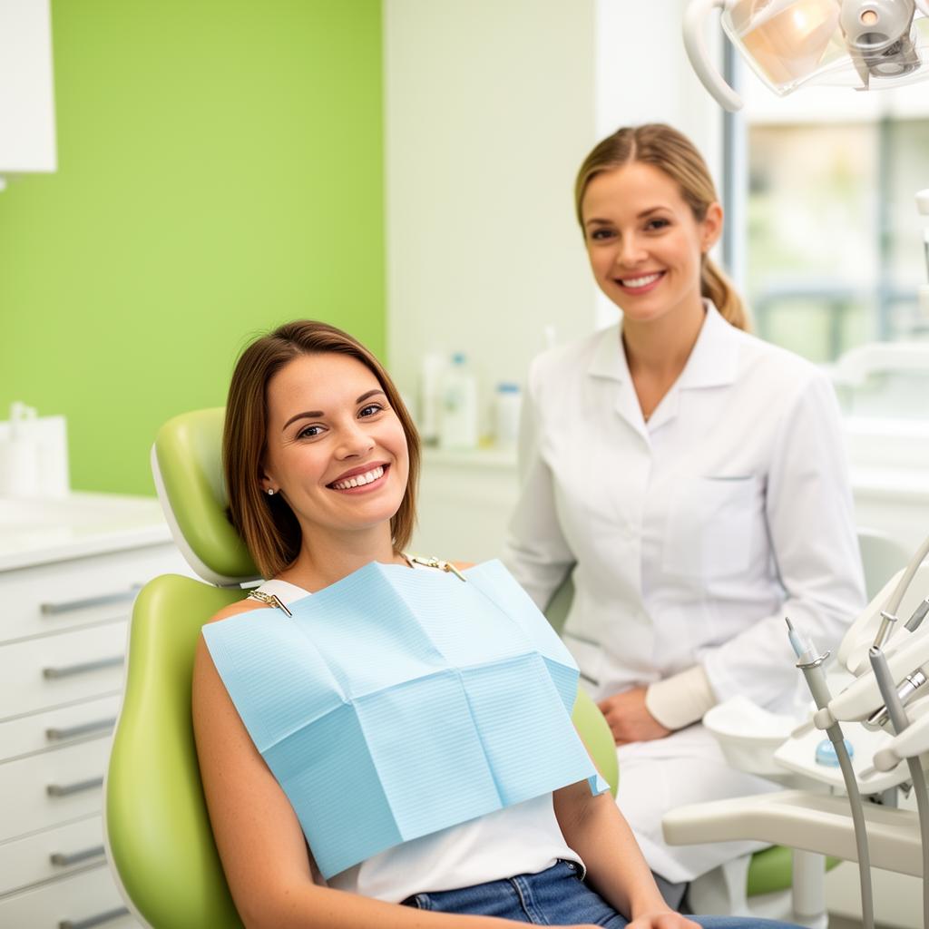 Paciente sorrindo ao lado da dentista na clínica L&M Odontologia